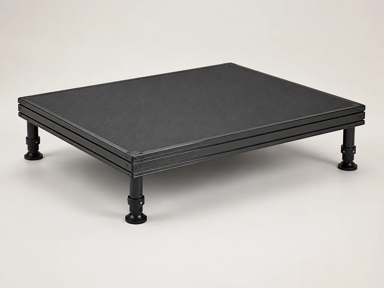 AI illustration of a modular stage deck with a black surface and metal frame.