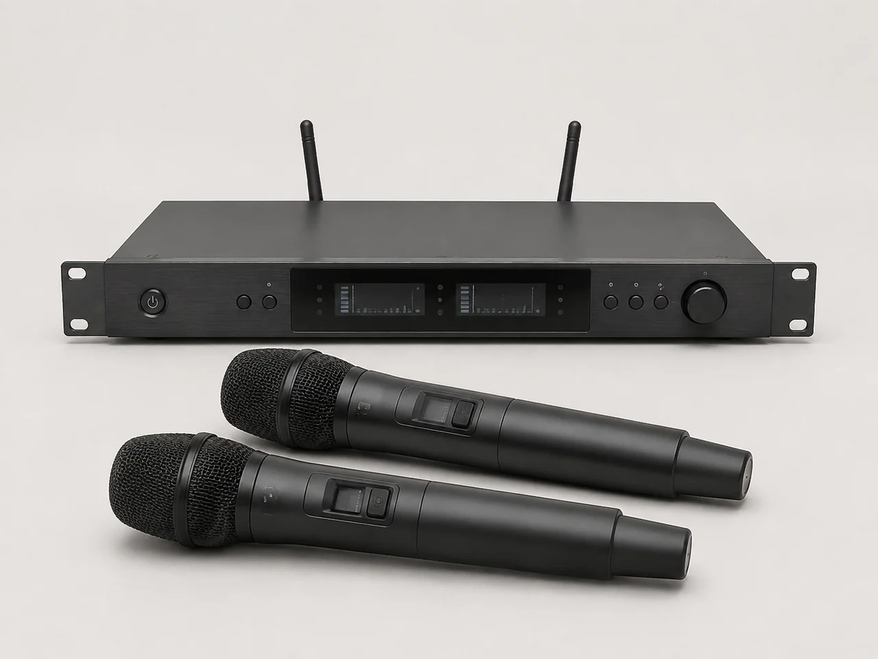AI illustration of two unbranded wireless microphones and a receiver.