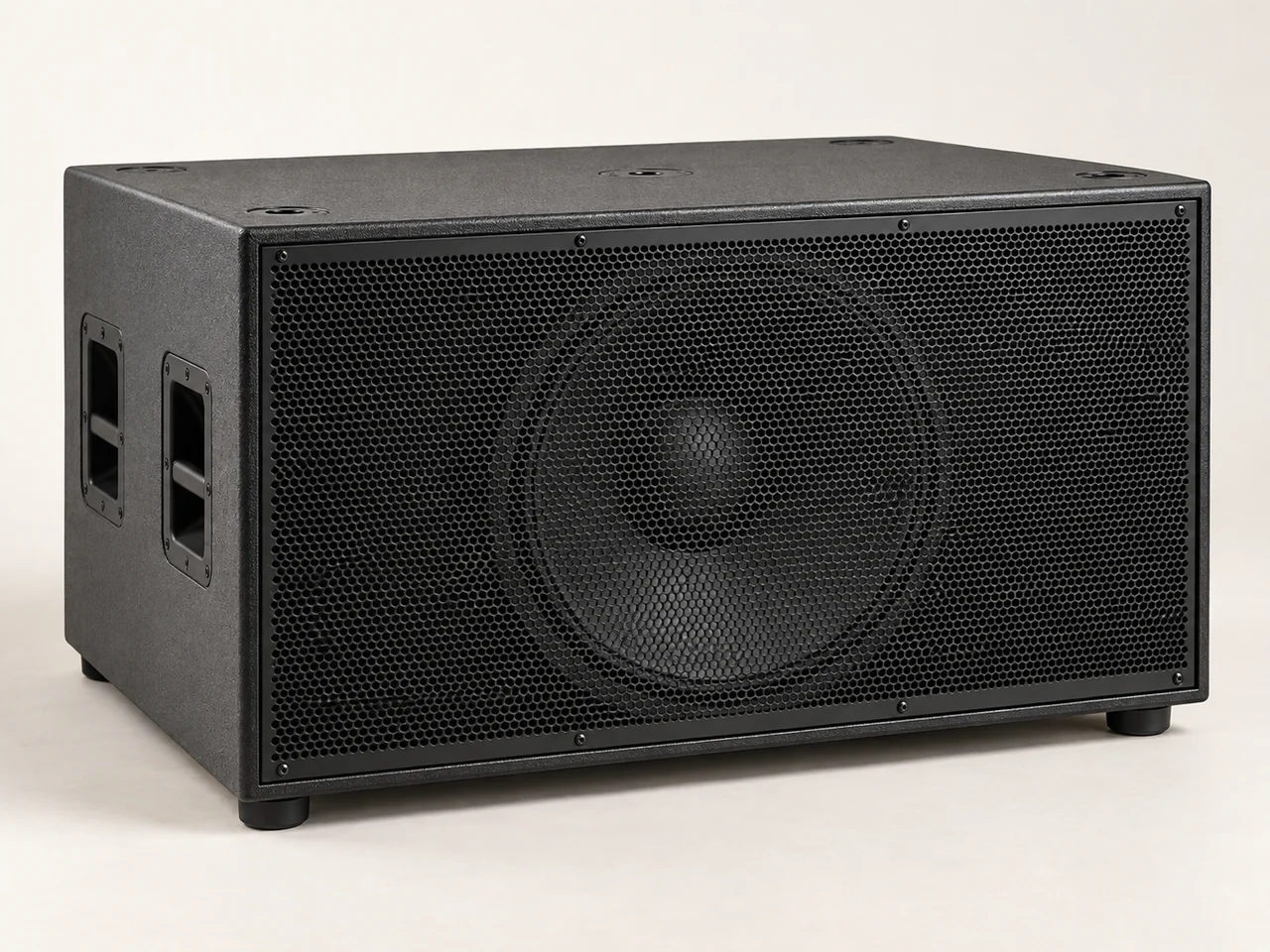 AI illustration of an unbranded subwoofer cabinet.